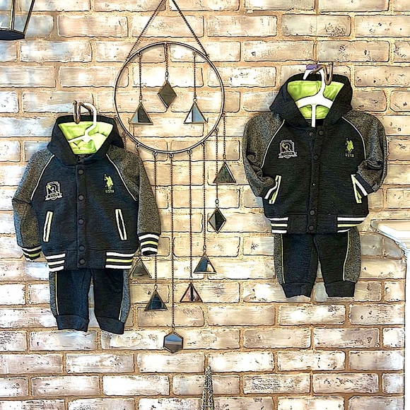 U.S. Polo Assn. Gray & Lime Green 2 Piece Hooded Tracksuit, Toddler Sz. 24 Mos. - Picture 2 of 8